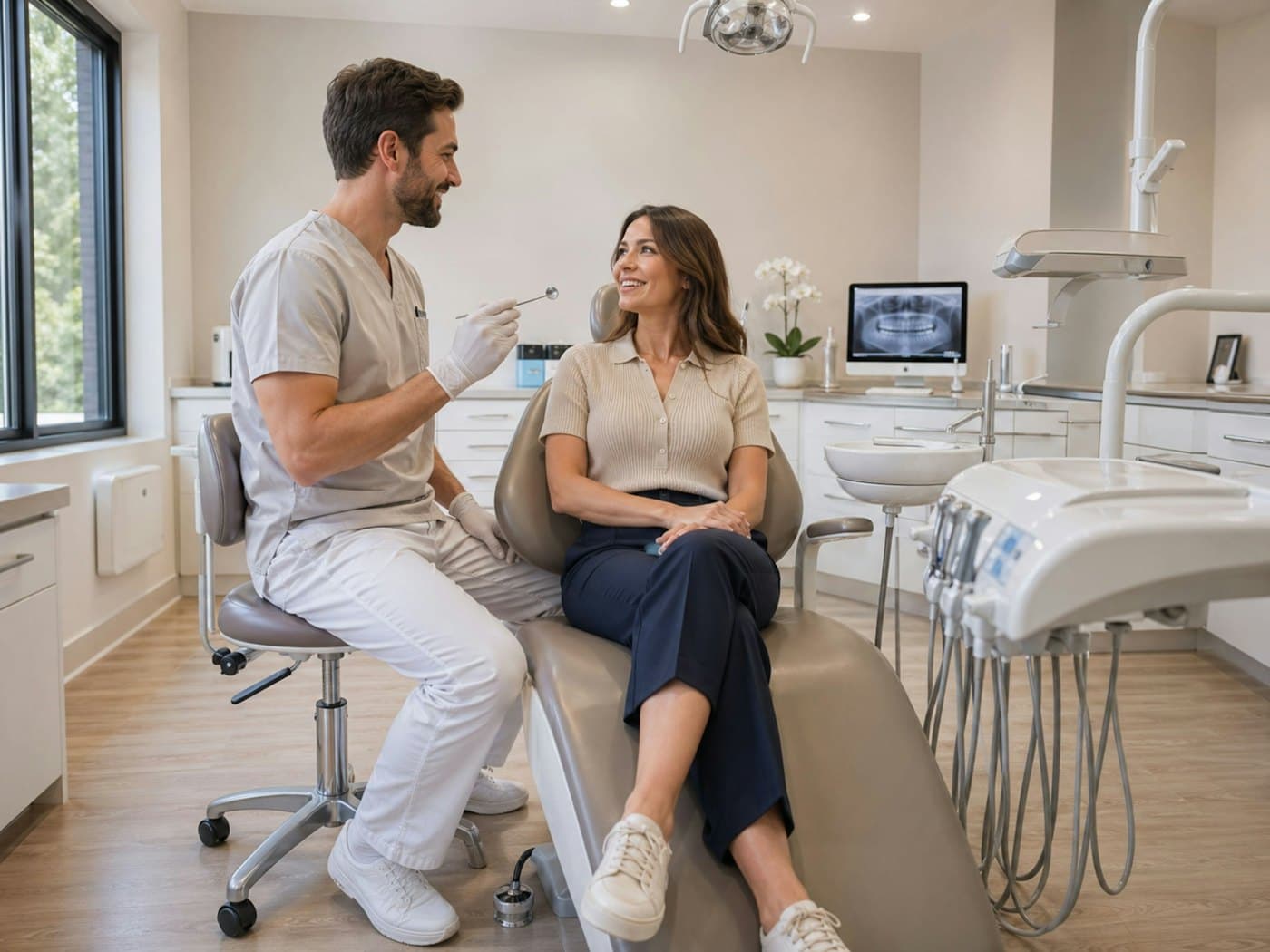 Odontólogo conversando con una paciente en el consultorio